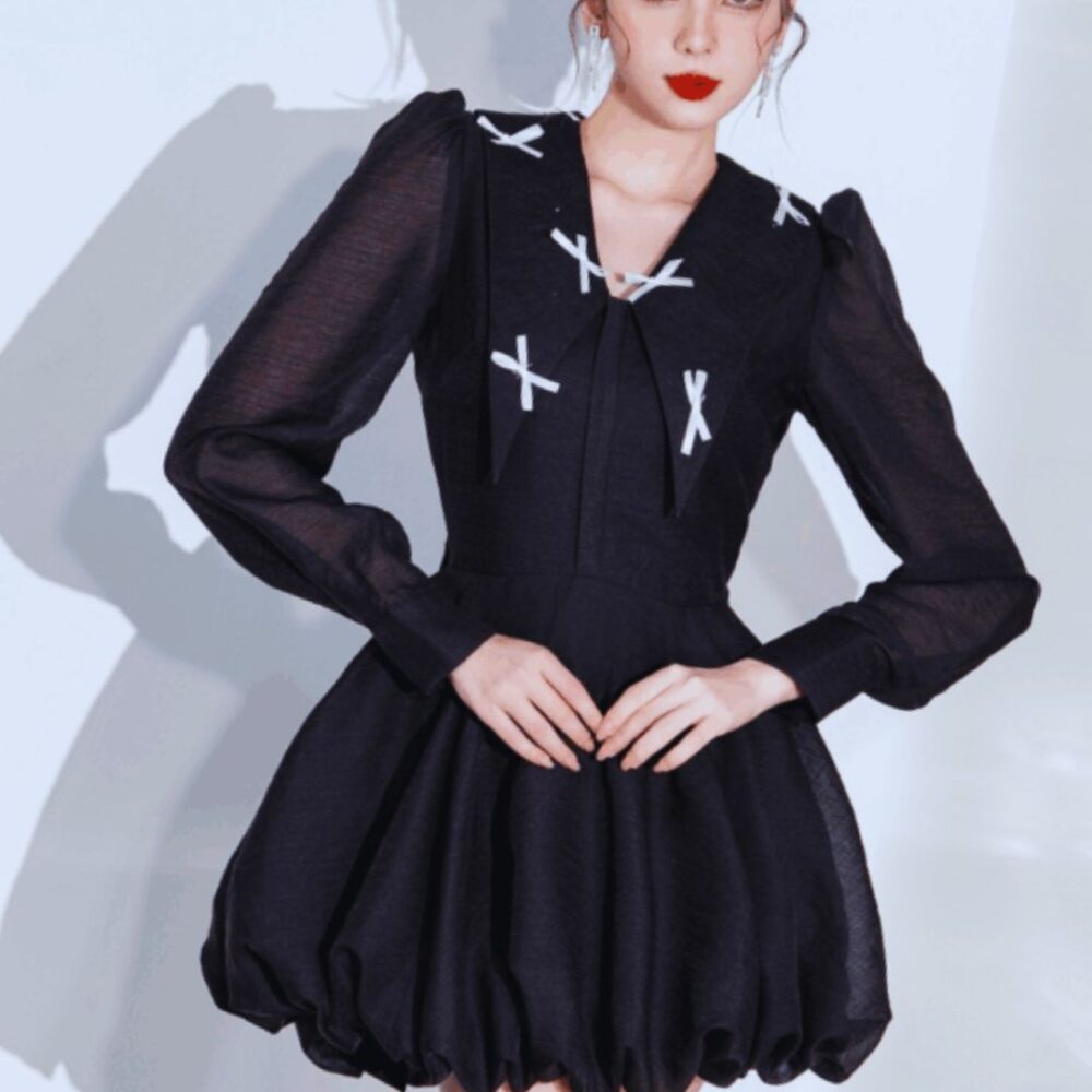 Black Puff-Sleeve Bubble Mini Dress “Midnight Whimsy” MW209